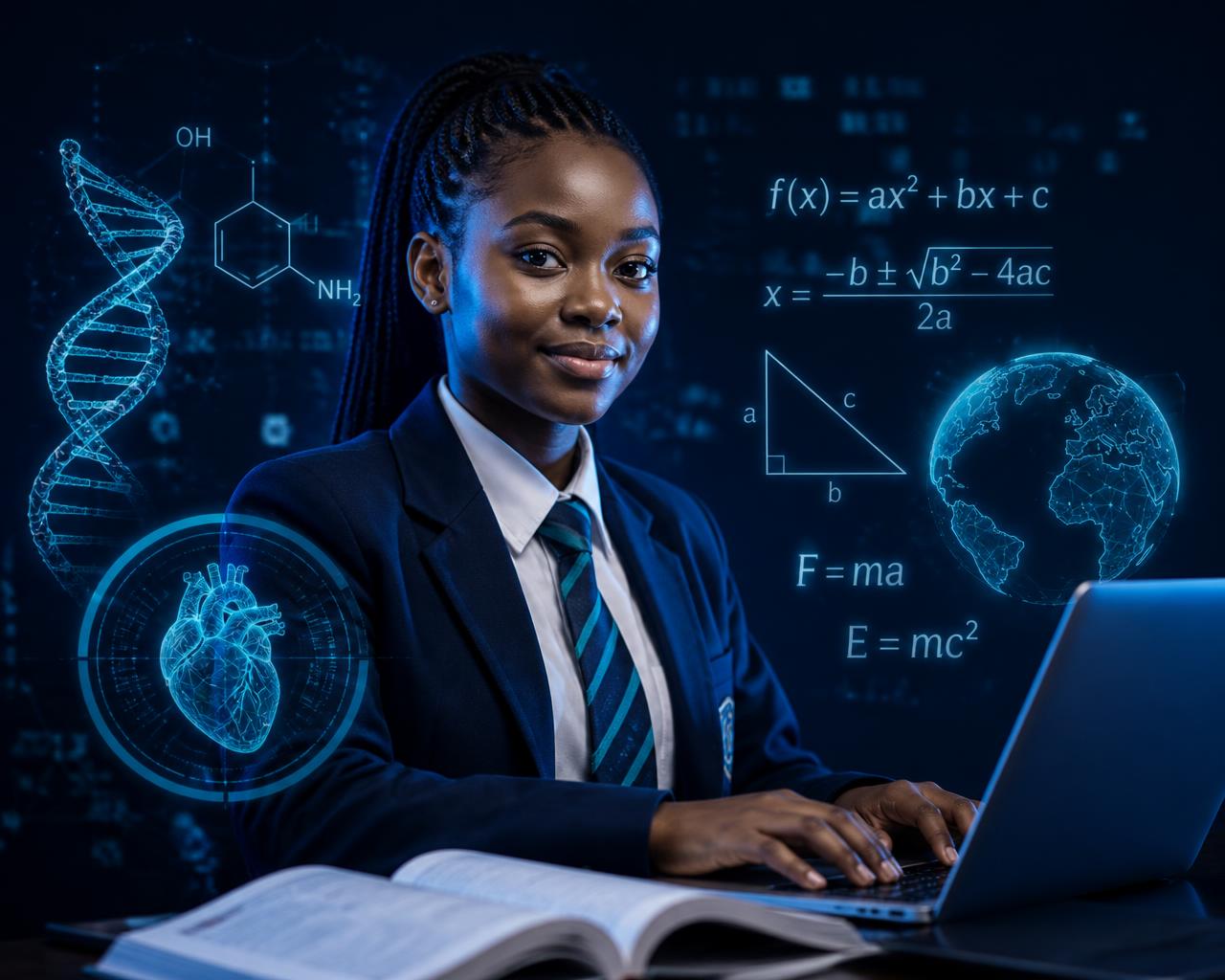 A South African high school learner studying STEM subjects on a laptop